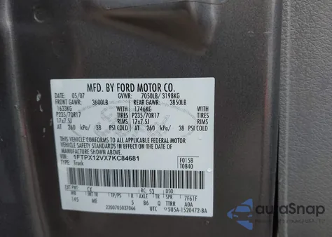 2007 Ford F-150 Lariat/Stx/Xl/Xlt из США, поврежденный, VIN 1FTPX12VX7KC84681